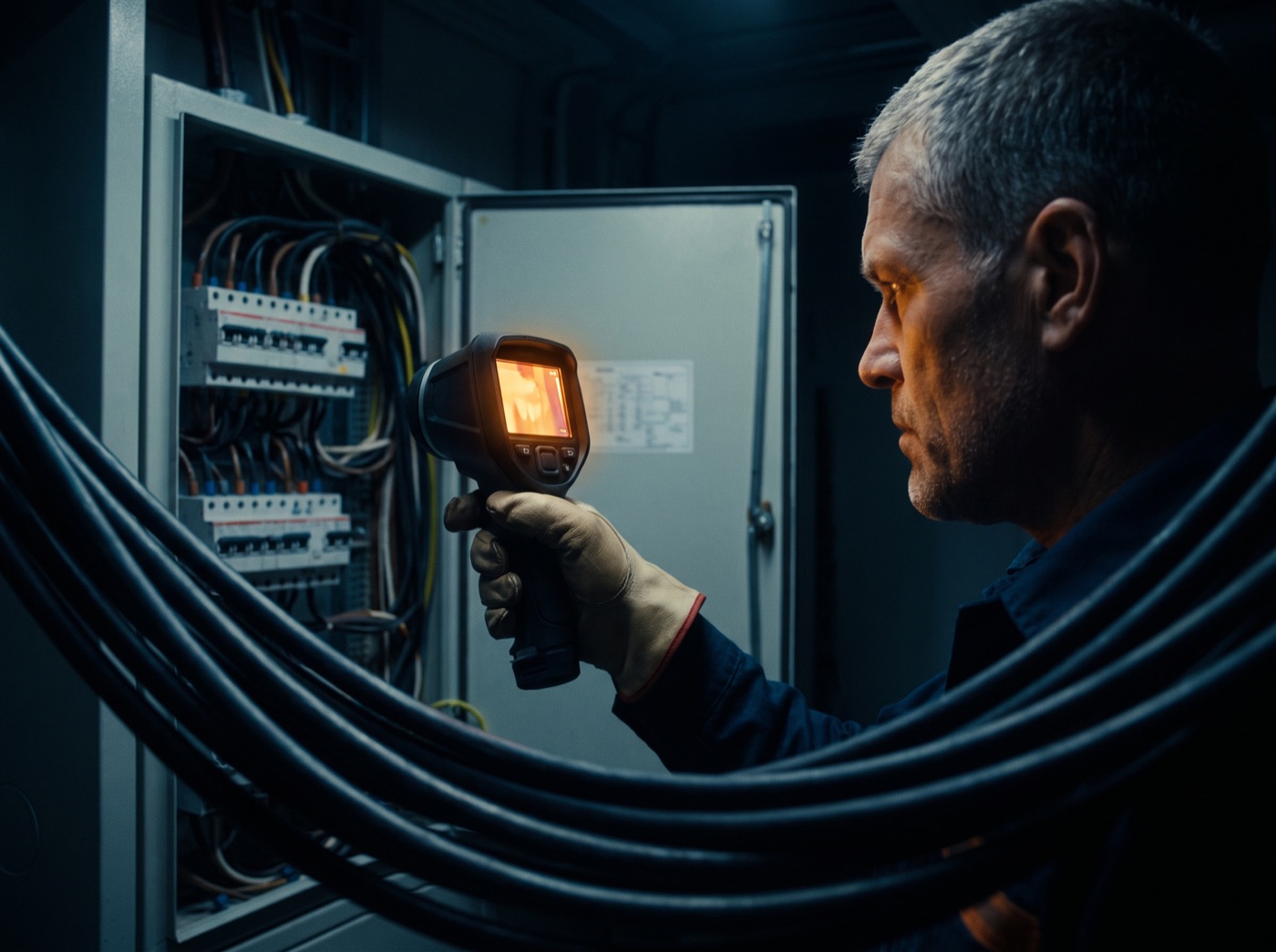 Engenheiro apontando câmera termográfica para painel elétrico industrial